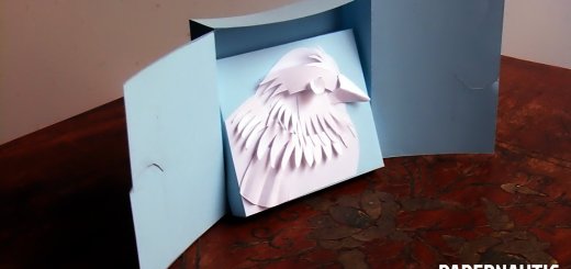 Paper sculpture bird cameao resting inside a blue paper box